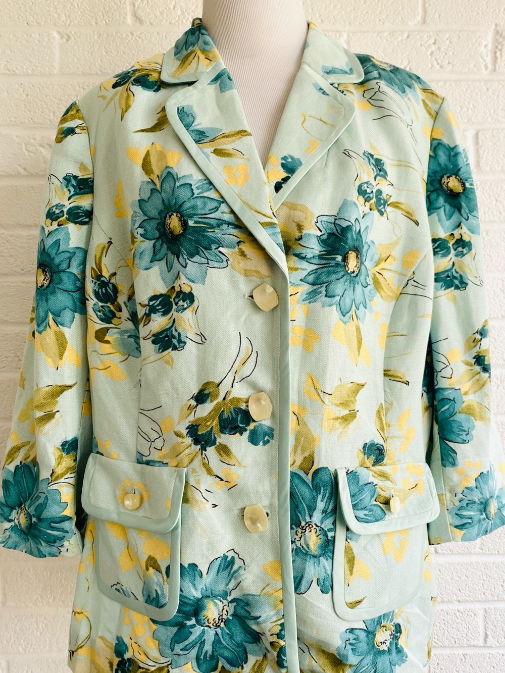 Emma James Floral Linen Blazer Jacket Mint Green Teal Yellow 16W Cottagecore 90s